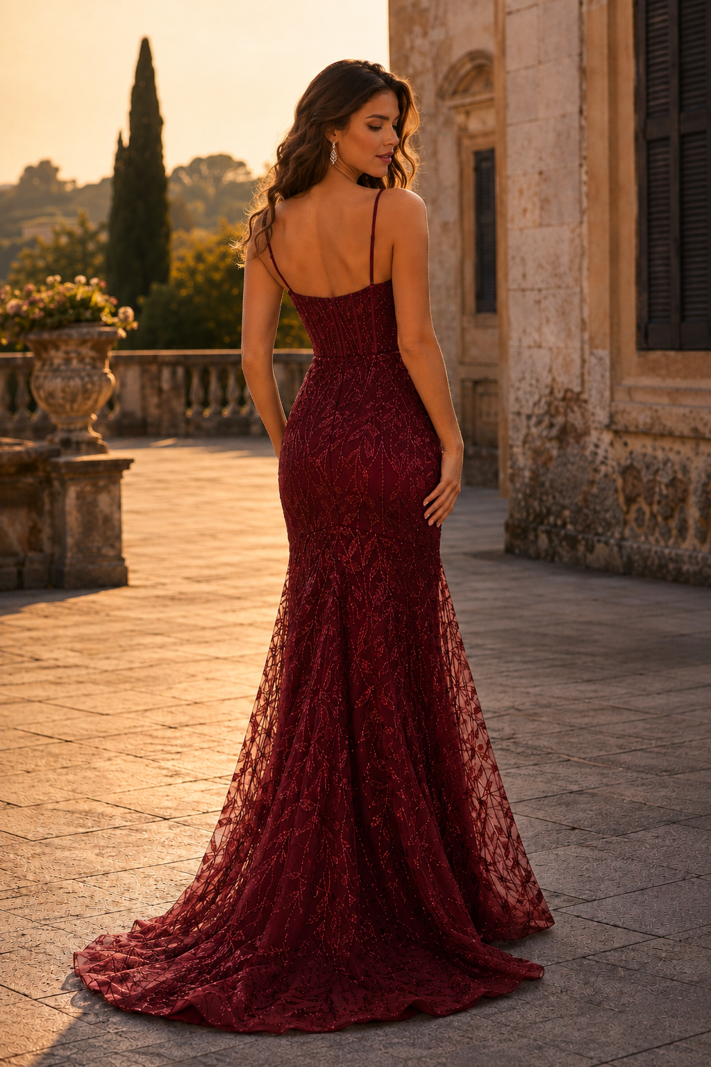 Jorsera Spaghetti-Strap Embroidered Mermaid Prom Dress in Burgundy - back view