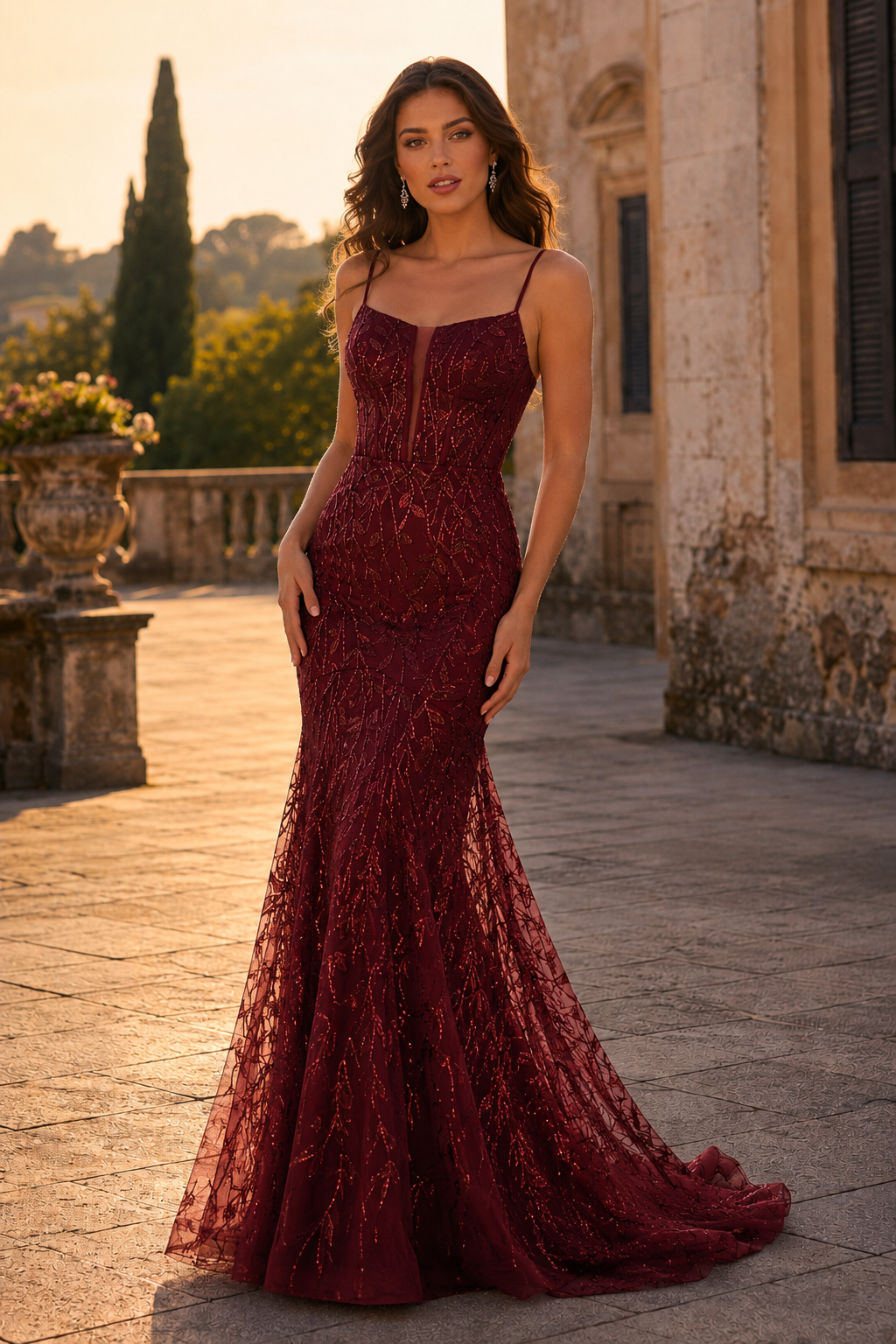 Jorsera Spaghetti-Strap Embroidered Mermaid Prom Dress in Burgundy - front view
