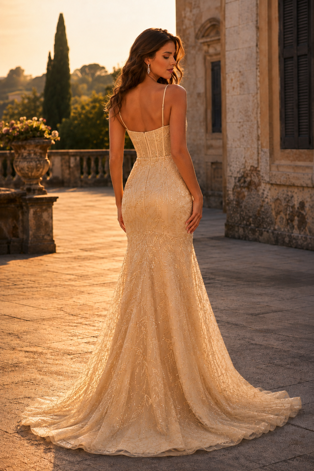 Jorsera Spaghetti-Strap Embroidered Mermaid Prom Dress in Champagne - back view