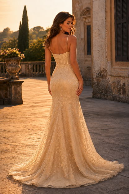 Jorsera Spaghetti-Strap Embroidered Mermaid Prom Dress in Champagne - back view