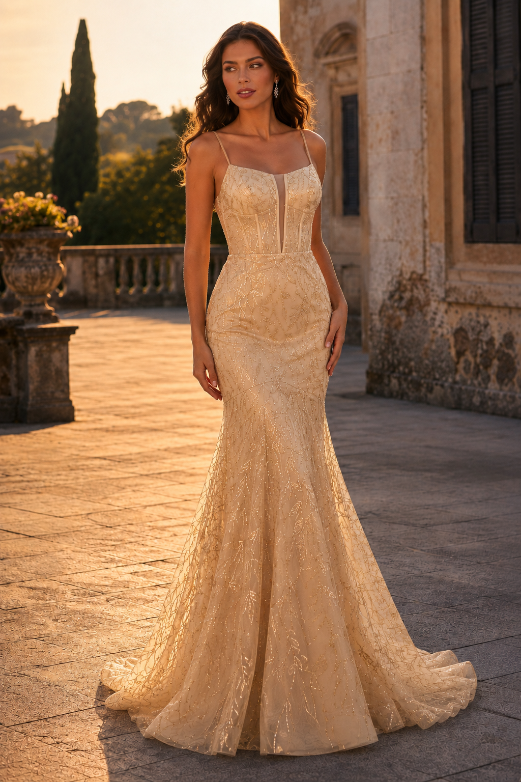 Jorsera Spaghetti-Strap Embroidered Mermaid Prom Dress in Champagne - front view