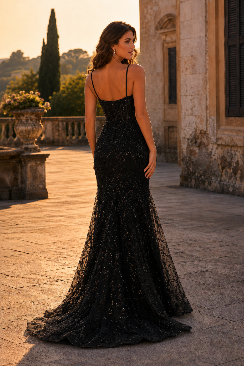 Jorsera Spaghetti-Strap Embroidered Mermaid Prom Dress in Chocolate Brown - front view