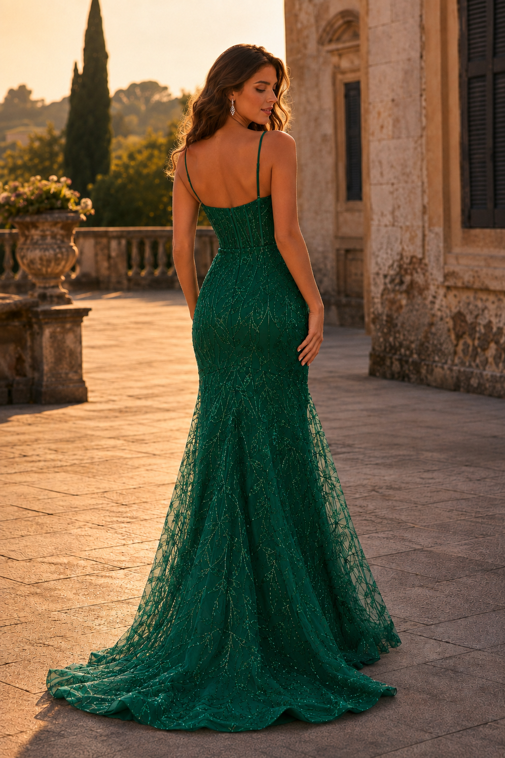 Jorsera Spaghetti-Strap Embroidered Mermaid Prom Dress in Emerald Green - back view