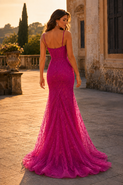 Jorsera Spaghetti-Strap Embroidered Mermaid Prom Dress in Hot Pink - back view