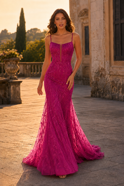 Jorsera Spaghetti-Strap Embroidered Mermaid Prom Dress in Hot Pink - front view