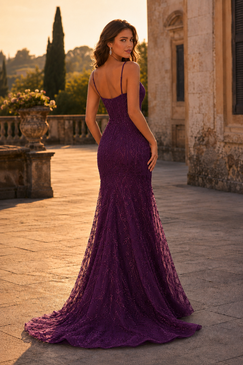 Jorsera Spaghetti-Strap Embroidered Mermaid Prom Dress in Purple - back view