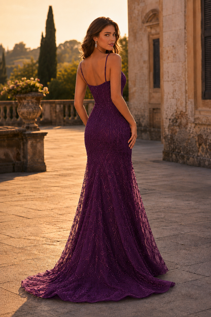 Jorsera Spaghetti-Strap Embroidered Mermaid Prom Dress in Purple - back view