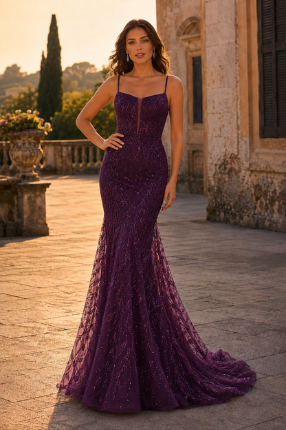 Jorsera Spaghetti-Strap Embroidered Mermaid Prom Dress in Purple - front view