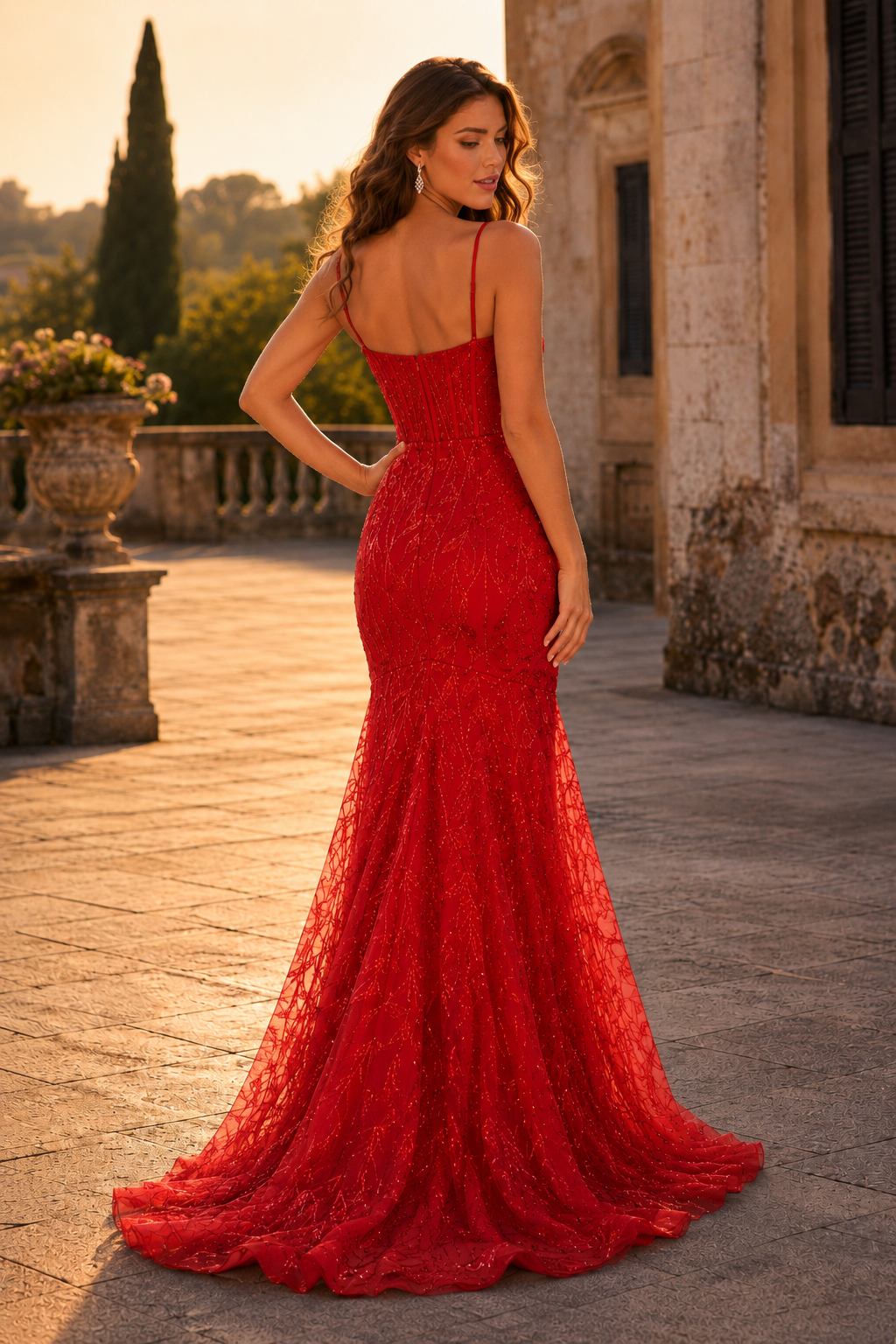 Jorsera Spaghetti-Strap Embroidered Mermaid Prom Dress in Red - back view