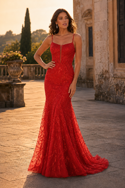 Jorsera Spaghetti-Strap Embroidered Mermaid Prom Dress in Red - front view