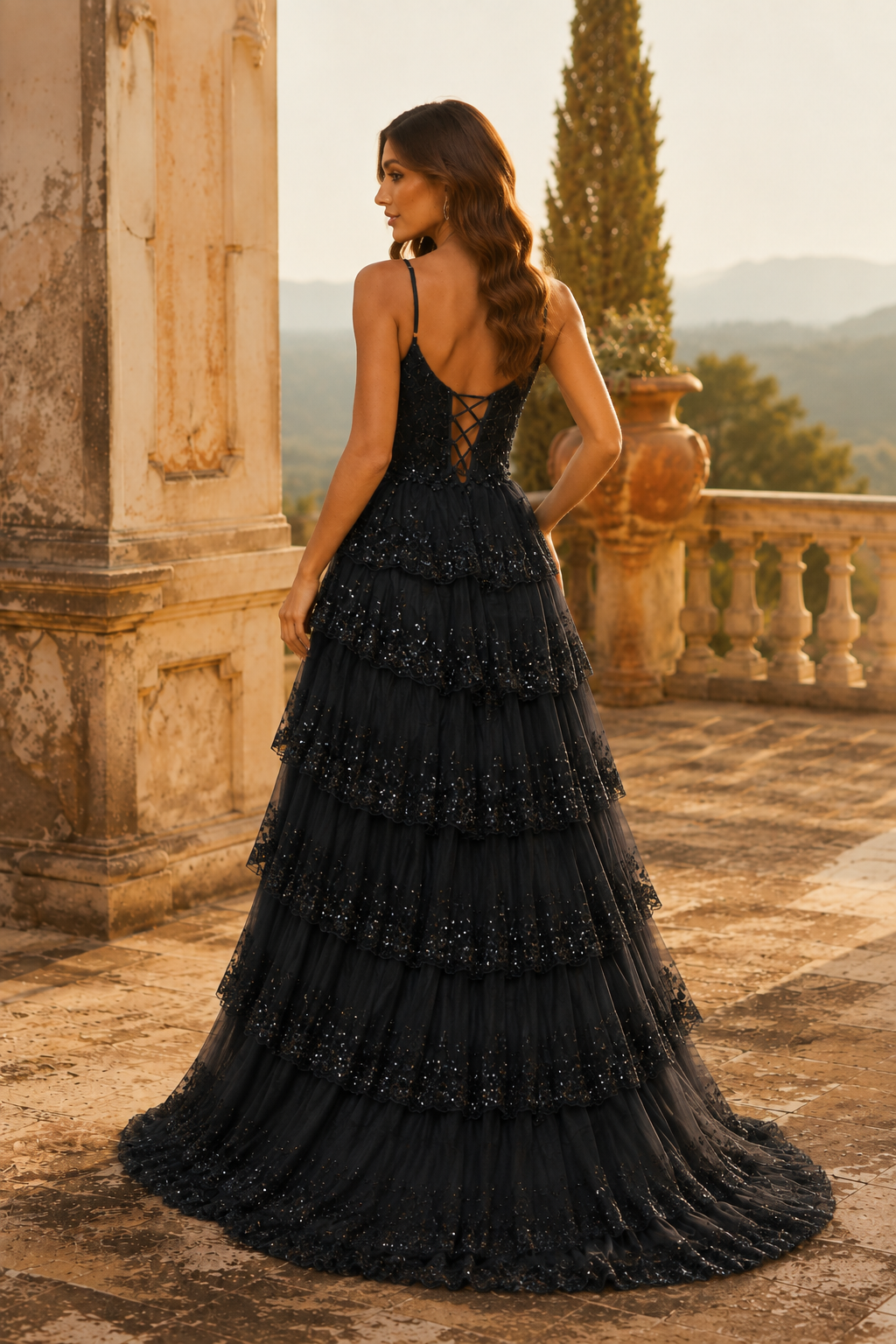 Jorvina Spaghetti-Strap Tiered Gown with Slit Prom Dress in Black - back view