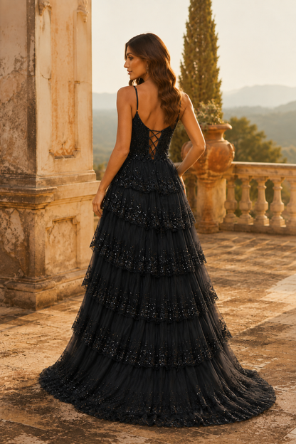 Jorvina Spaghetti-Strap Tiered Gown with Slit Prom Dress in Black - back view