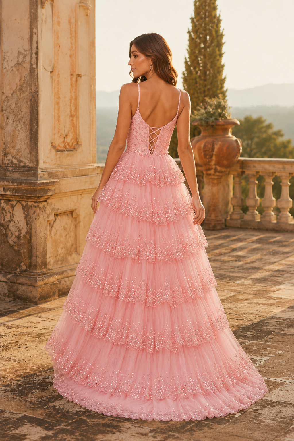 Jorvina Spaghetti-Strap Tiered Gown with Slit Prom Dress in Blush Pink - back view