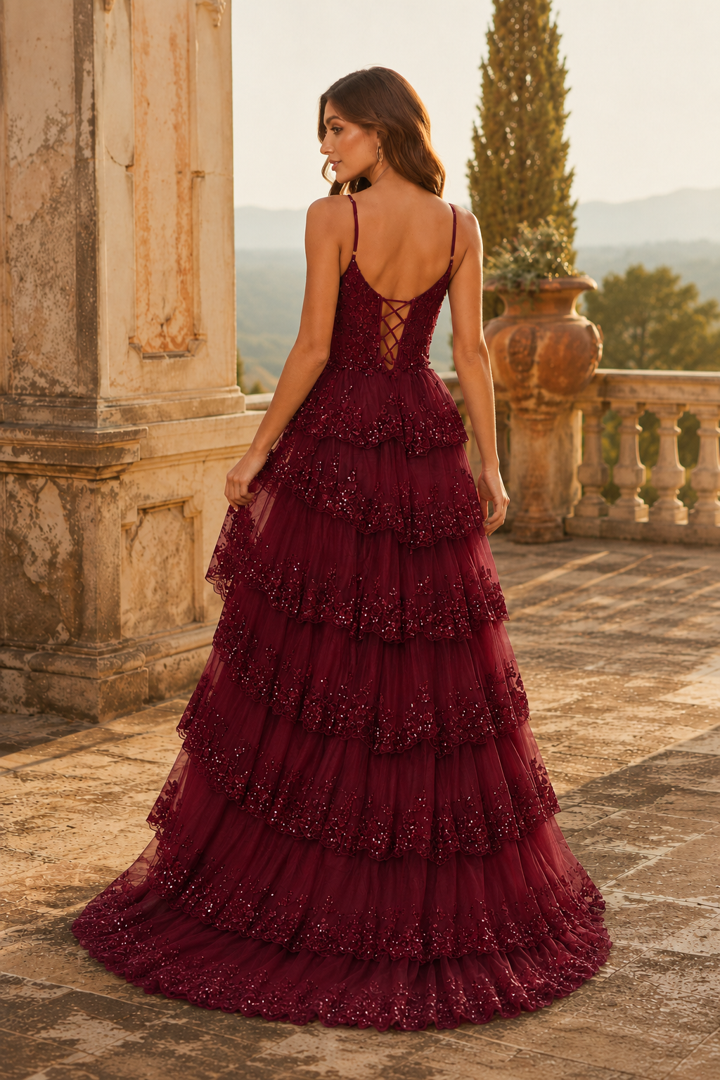 Jorvina Spaghetti-Strap Tiered Gown with Slit Prom Dress in Burgundy - back view