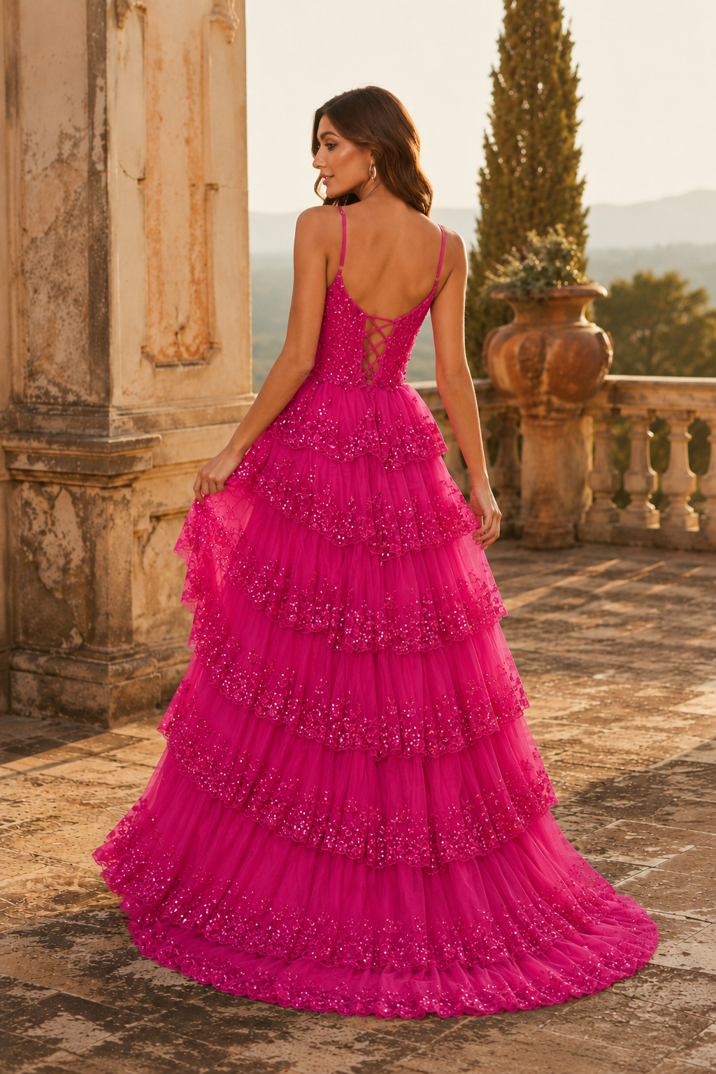 Jorvina Spaghetti-Strap Tiered Gown with Slit Prom Dress in Hot Pink - back view