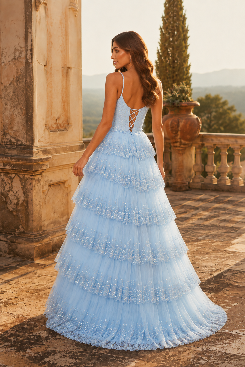 Jorvina Spaghetti-Strap Tiered Gown with Slit Prom Dress in Light Blue - back view