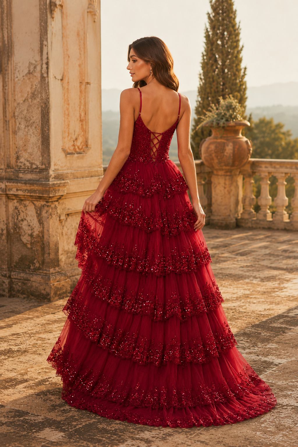 Jorvina Spaghetti-Strap Tiered Gown with Slit Prom Dress in Red - back view