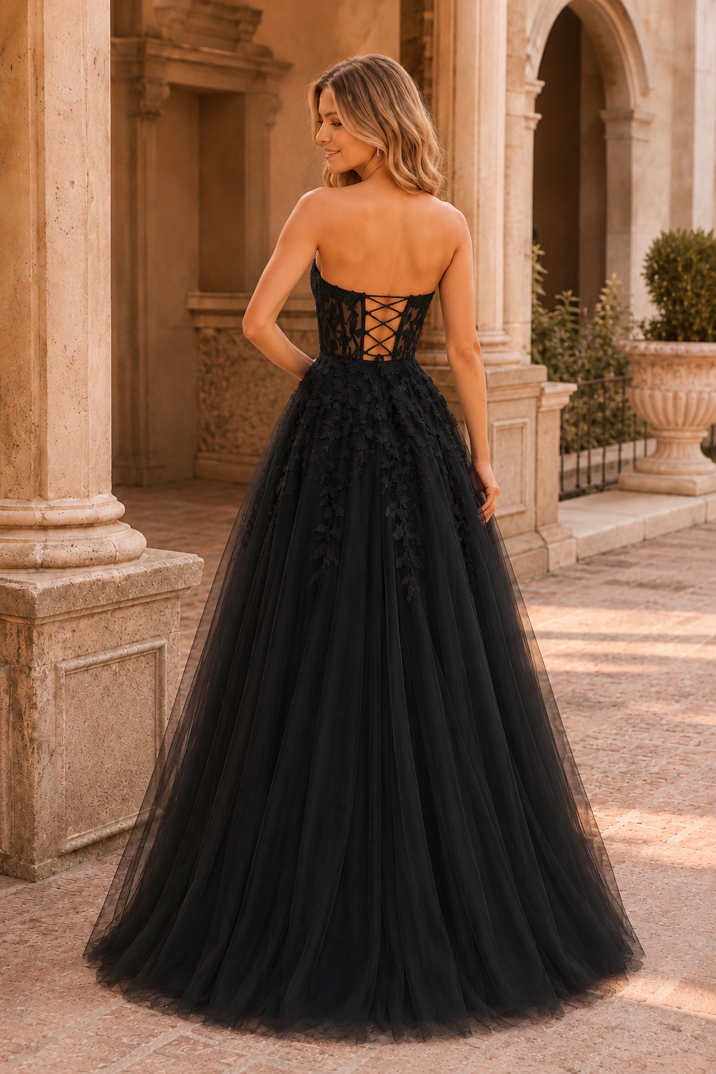 Jordelle Light Strapless Sweetheart Tulle Ball Gown Prom Dress in Black - back view