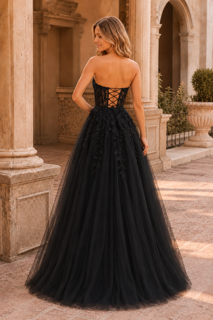 Jordelle Light Strapless Sweetheart Tulle Ball Gown Prom Dress in Black - back view