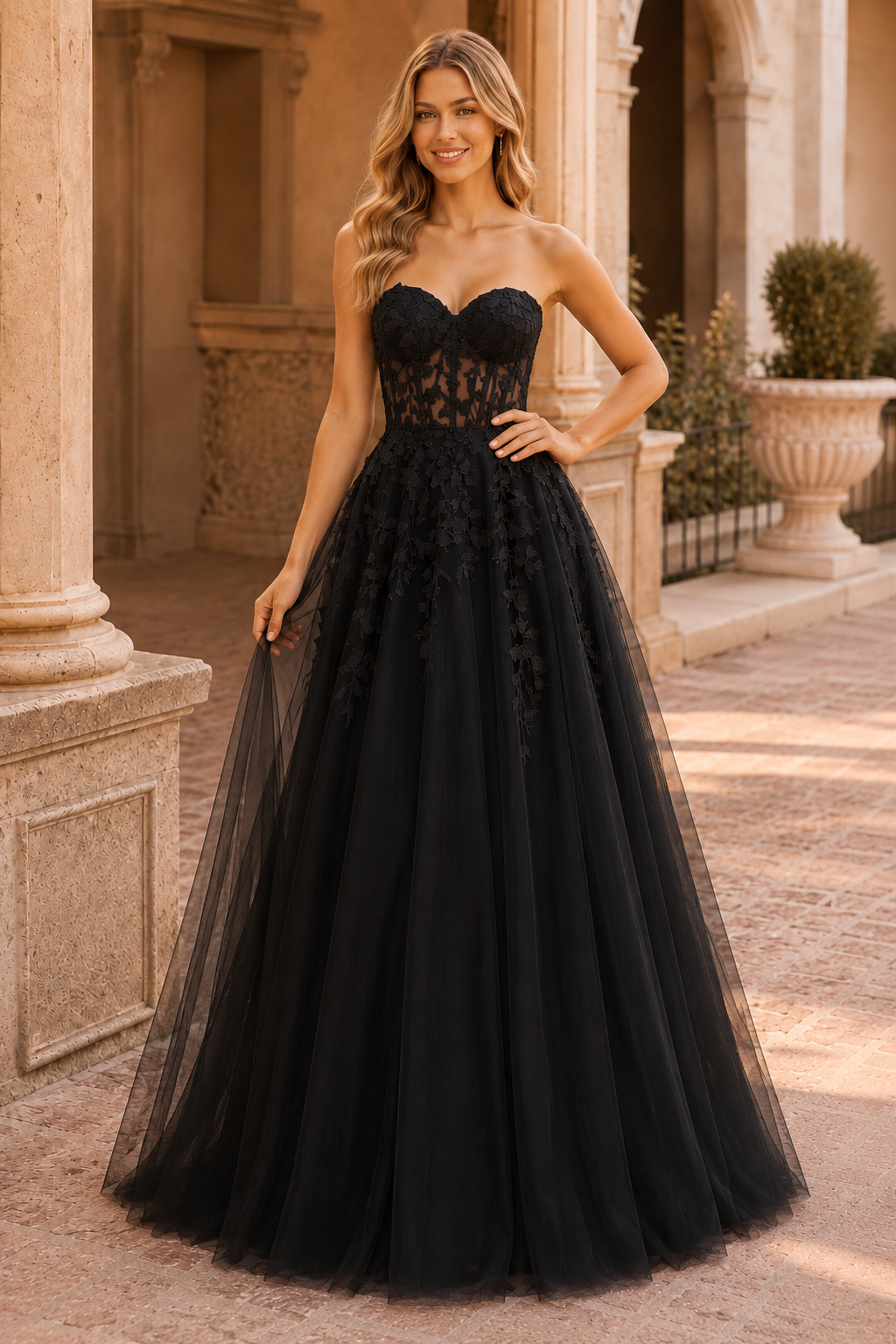 Jordelle Light Strapless Sweetheart Tulle Ball Gown Prom Dress in Black - front view