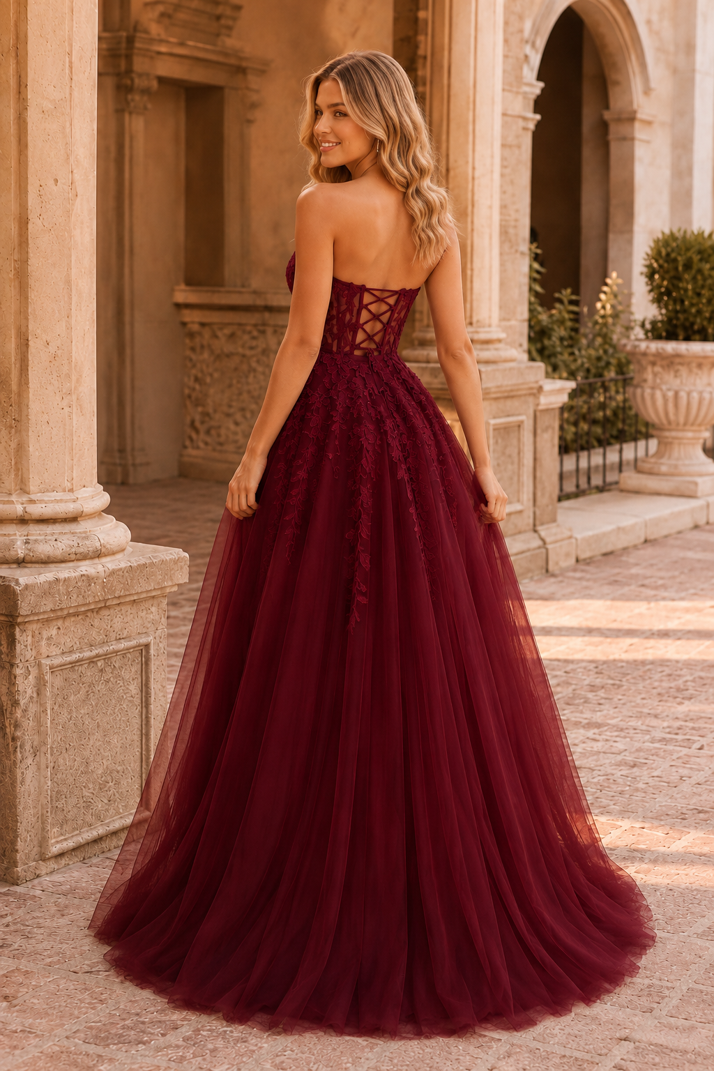 Jordelle Light Strapless Sweetheart Tulle Ball Gown Prom Dress in Burgundy - back view