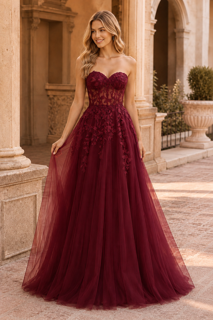 Jordelle Light Strapless Sweetheart Tulle Ball Gown Prom Dress in Burgundy - front view