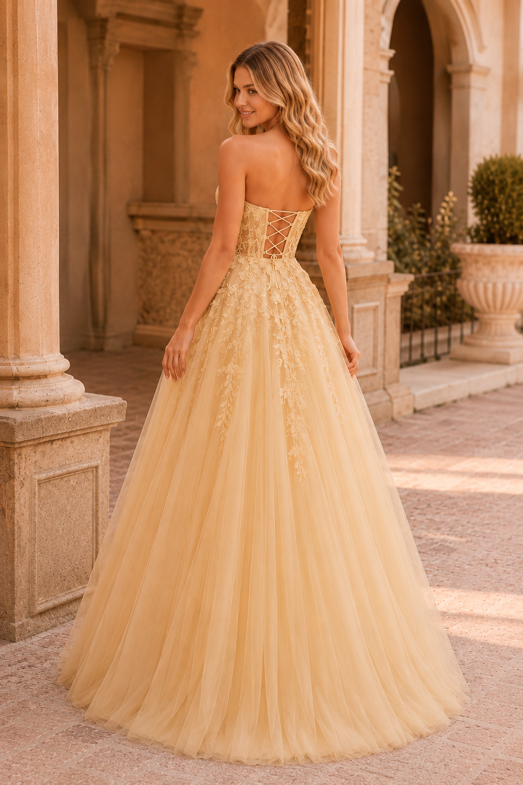 Jordelle Light Strapless Sweetheart Tulle Ball Gown Prom Dress in Champagne - back view