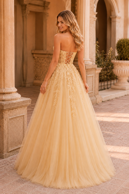 Jordelle Light Strapless Sweetheart Tulle Ball Gown Prom Dress in Champagne - back view