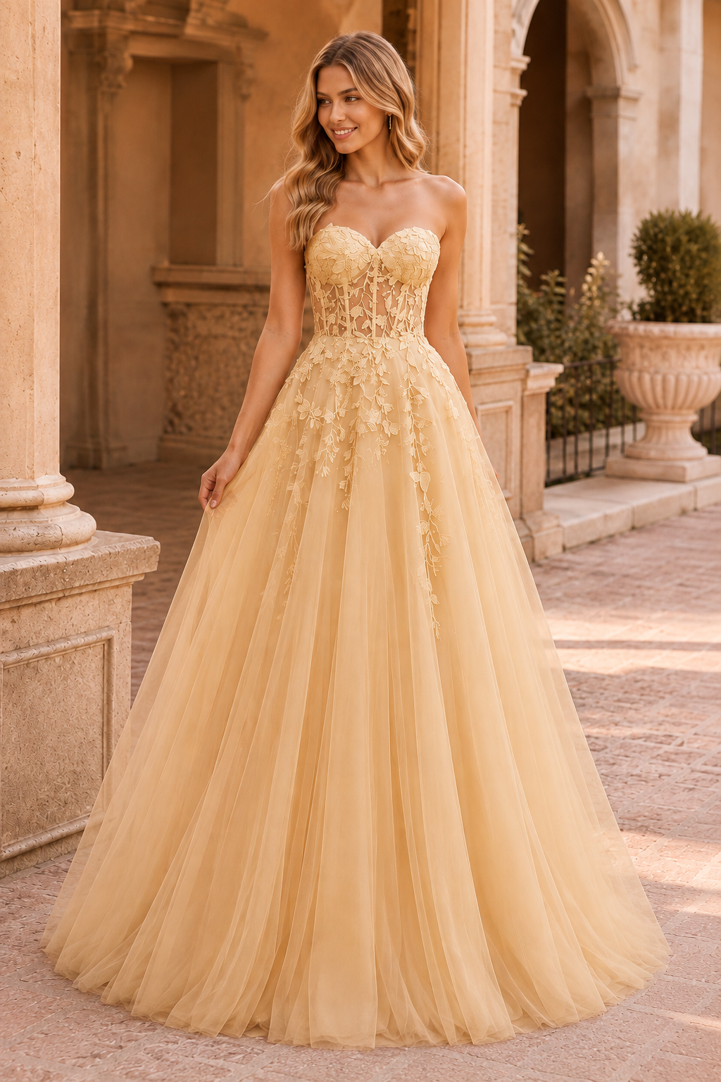 Jordelle Light Strapless Sweetheart Tulle Ball Gown Prom Dress in Champagne - front view