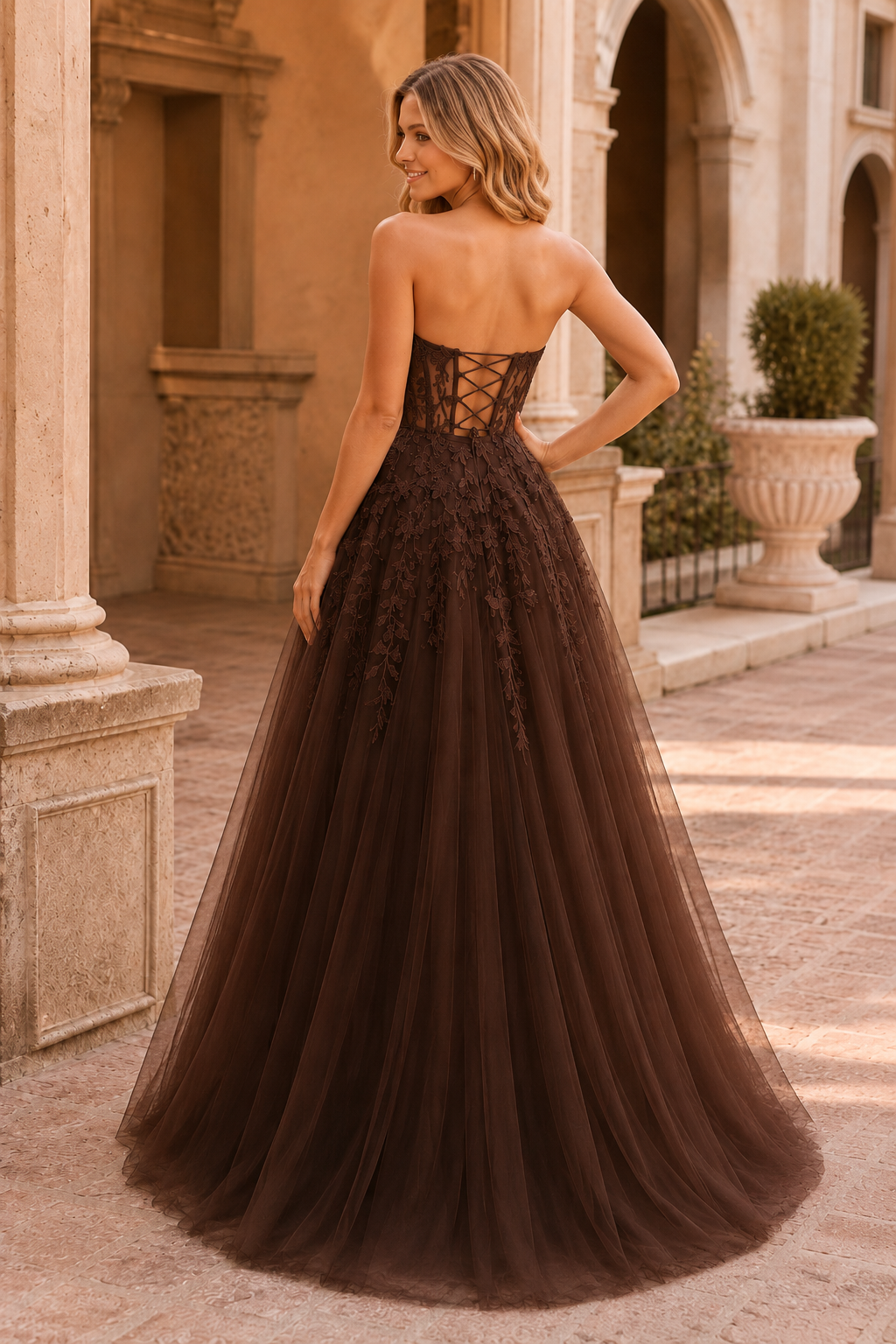 Jordelle Light Strapless Sweetheart Tulle Ball Gown Prom Dress in Chocolate Brown - back view