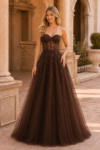 Jordelle Light Strapless Sweetheart Tulle Ball Gown Prom Dress in Chocolate Brown - front view