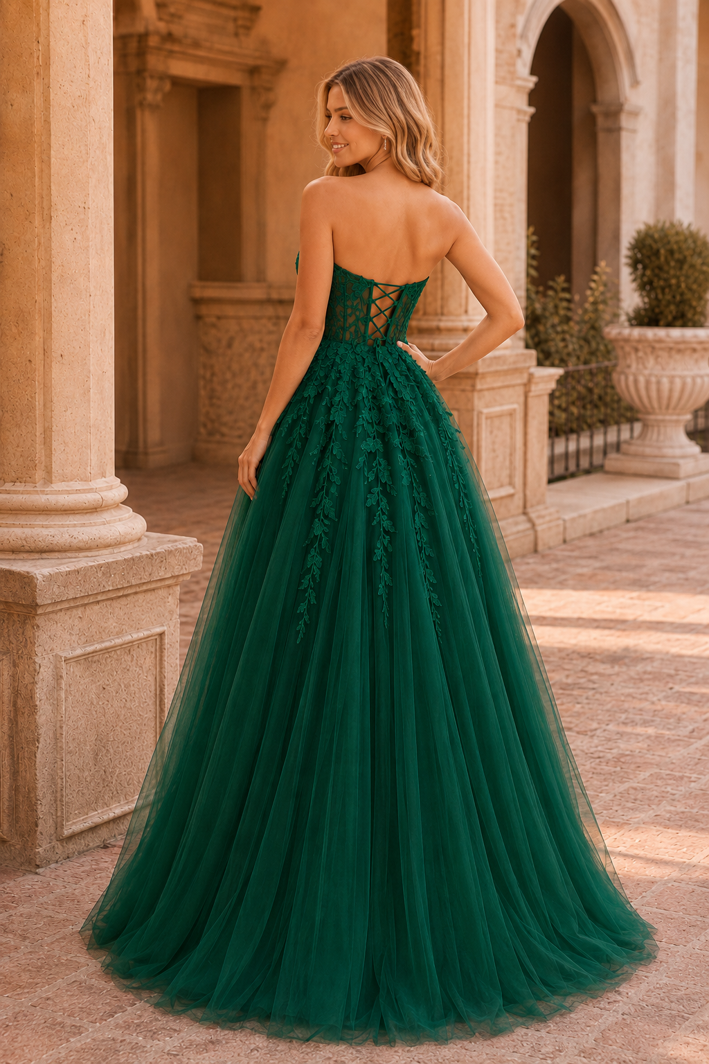 Jordelle Light Strapless Sweetheart Tulle Ball Gown Prom Dress in Emerald Green - back view