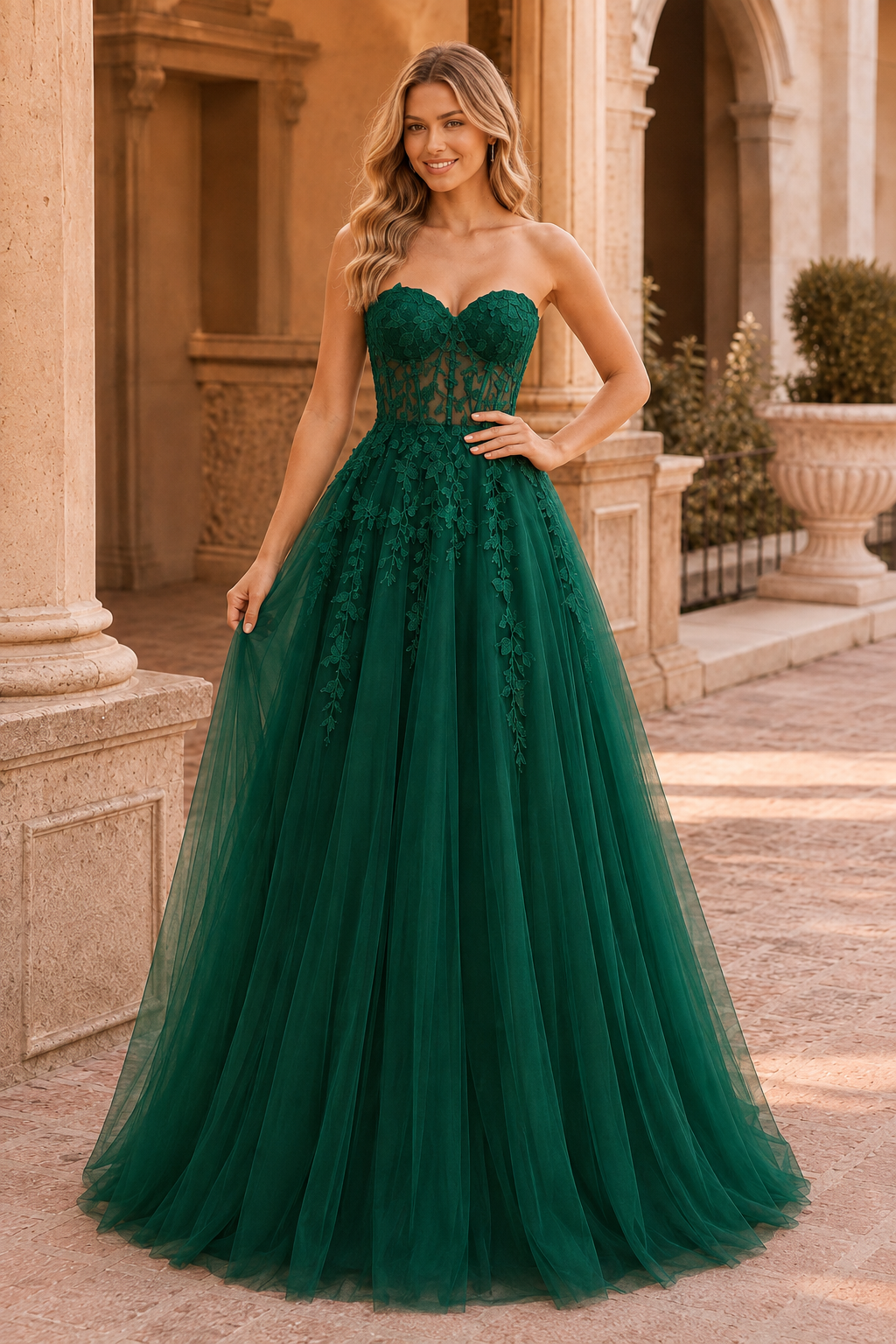 Jordelle Light Strapless Sweetheart Tulle Ball Gown Prom Dress in Emerald Green - front view