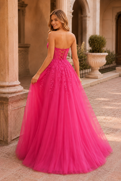 Jordelle Light Strapless Sweetheart Tulle Ball Gown Prom Dress in Hot Pink - back view