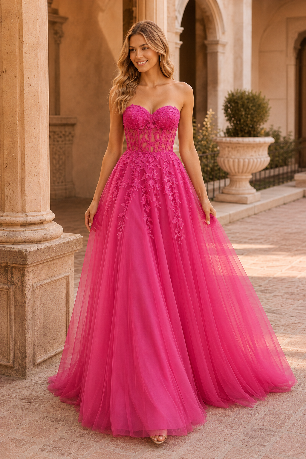 Jordelle Light Strapless Sweetheart Tulle Ball Gown Prom Dress in Hot Pink - front view