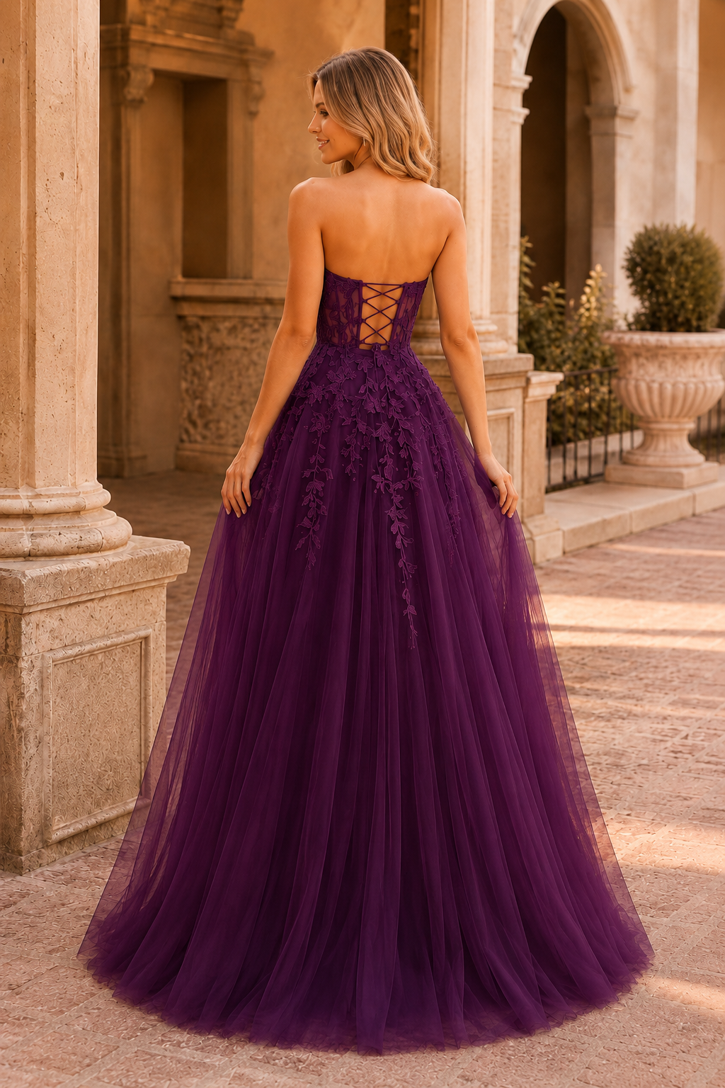 Jordelle Light Strapless Sweetheart Tulle Ball Gown Prom Dress in Purple - back view