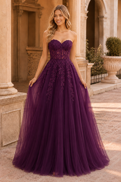 Jordelle Light Strapless Sweetheart Tulle Ball Gown Prom Dress in Purple - front view
