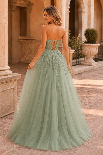 Jordelle Light Strapless Sweetheart Tulle Ball Gown Prom Dress in Sage Green - back view