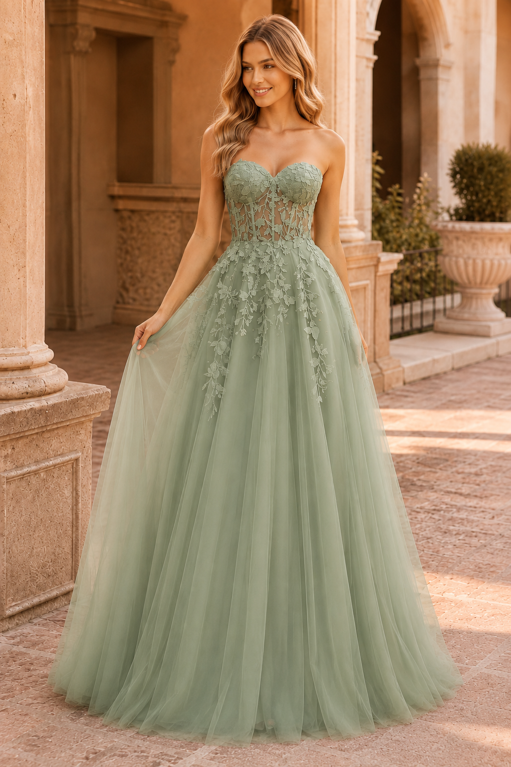 Jordelle Light Strapless Sweetheart Tulle Ball Gown Prom Dress in Sage Green - front view