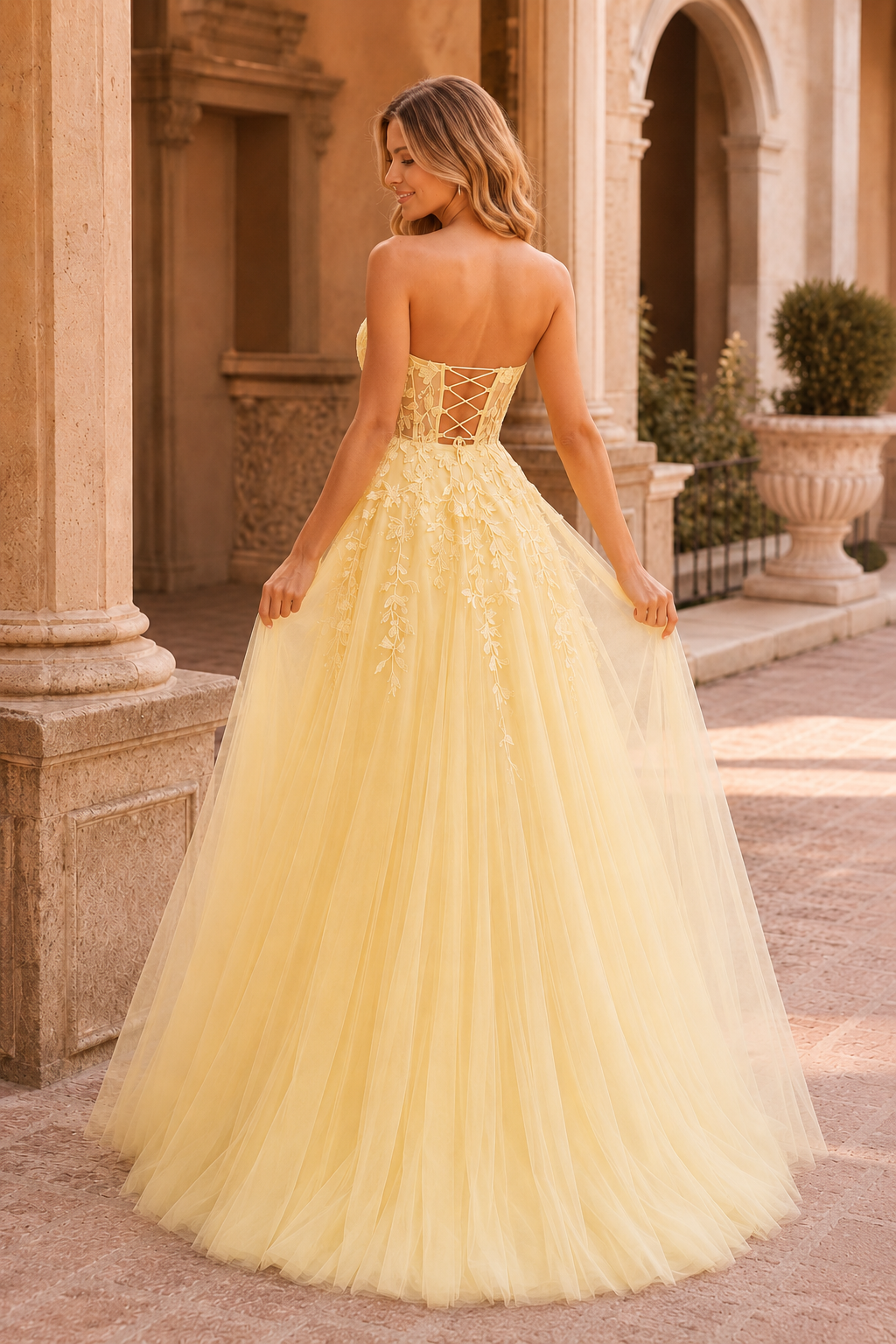 Jordelle Light Strapless Sweetheart Tulle Ball Gown Prom Dress in Yellow - back view