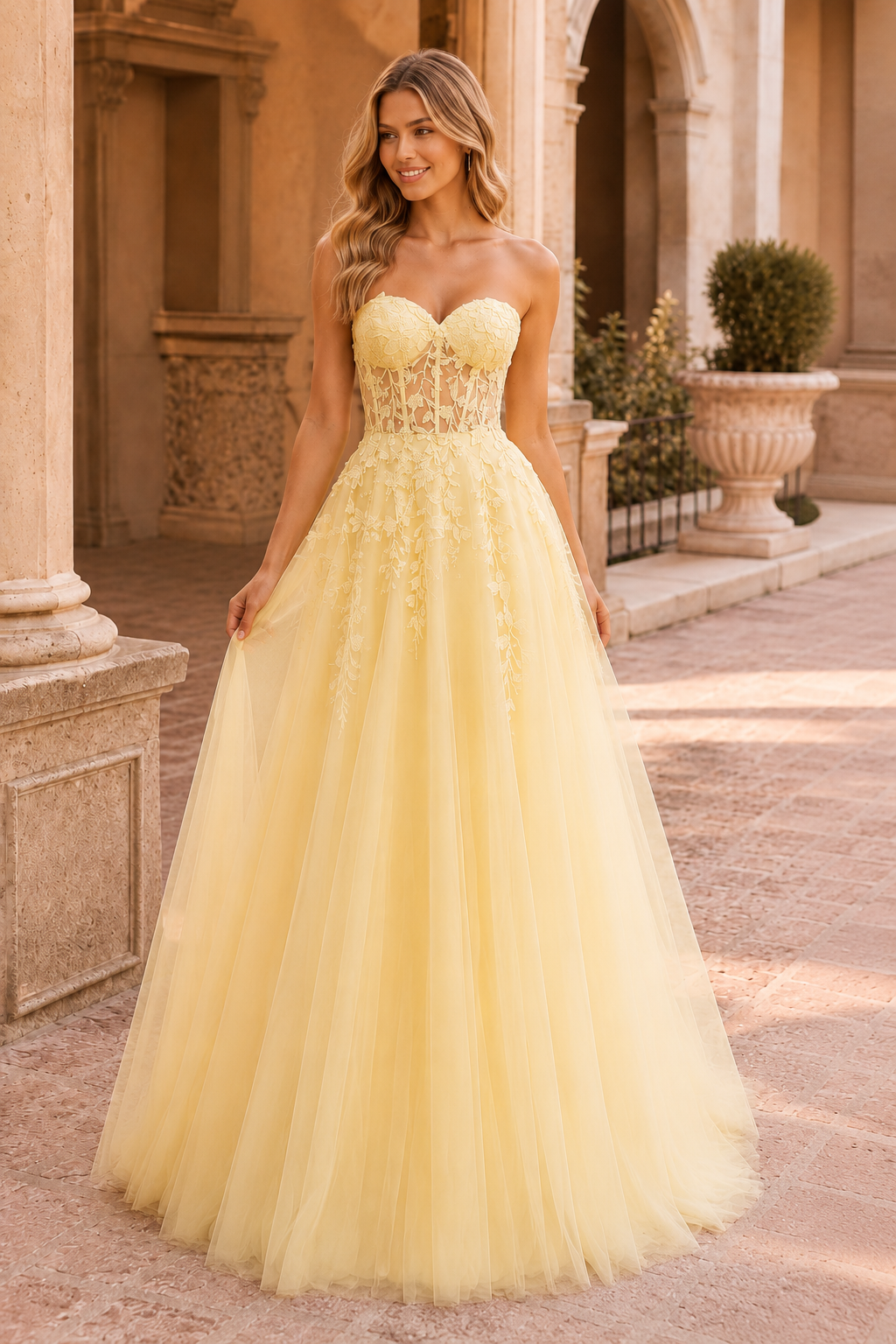 Jordelle Light Strapless Sweetheart Tulle Ball Gown Prom Dress in Yellow - front view