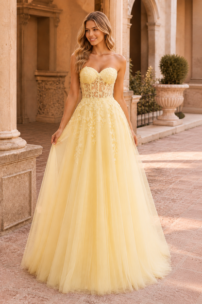Jordelle Light Strapless Sweetheart Tulle Ball Gown Prom Dress in Yellow - front view