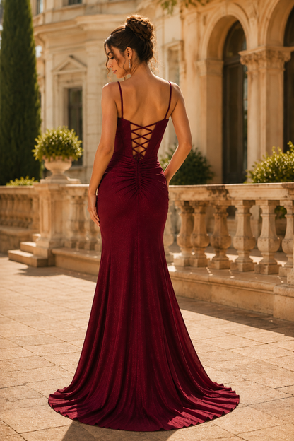 Isarienne Spaghetti-Strap Fitted Gown with Slit Prom Dress in Burgundy - back view