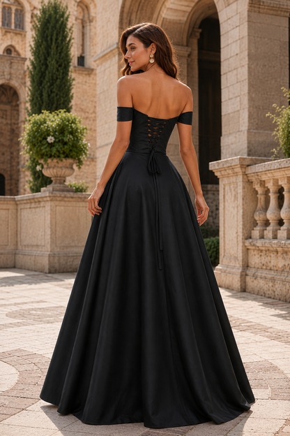 Jorvara Off-the-Shoulder Sweetheart Gown with Slit Prom Dress in Black - back view