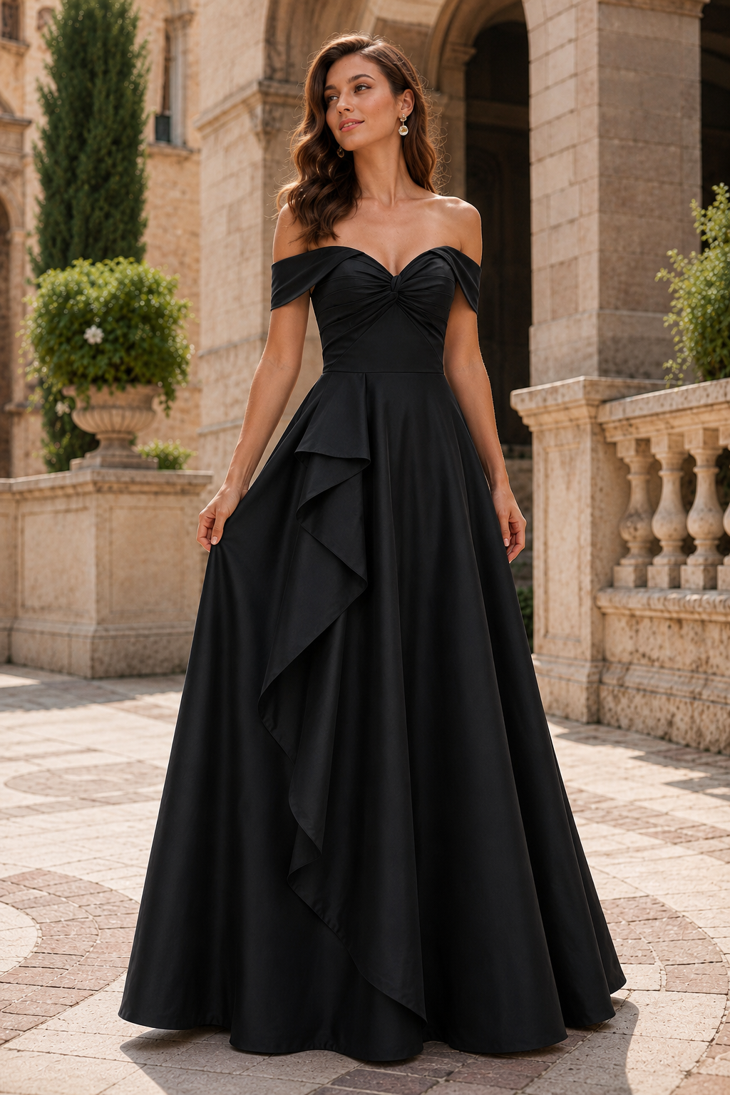 Jorvara Off-the-Shoulder Sweetheart Gown with Slit Prom Dress in Black - front view