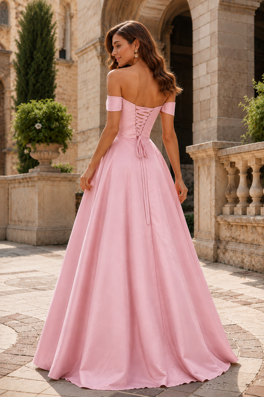 Jorvara Off-the-Shoulder Sweetheart Gown with Slit Prom Dress in Blush Pink - back view