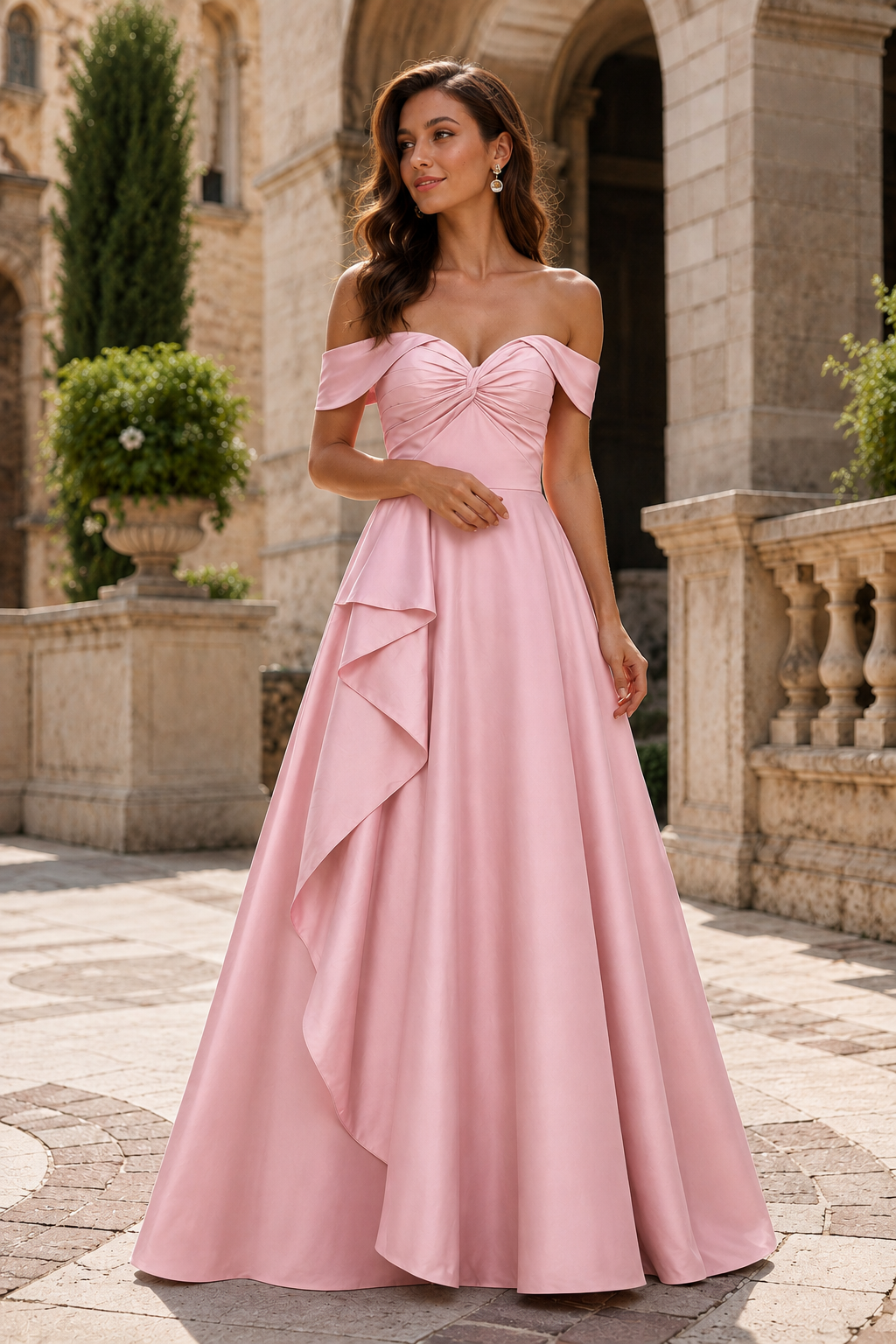 Jorvara Off-the-Shoulder Sweetheart Gown with Slit Prom Dress in Blush Pink - front view