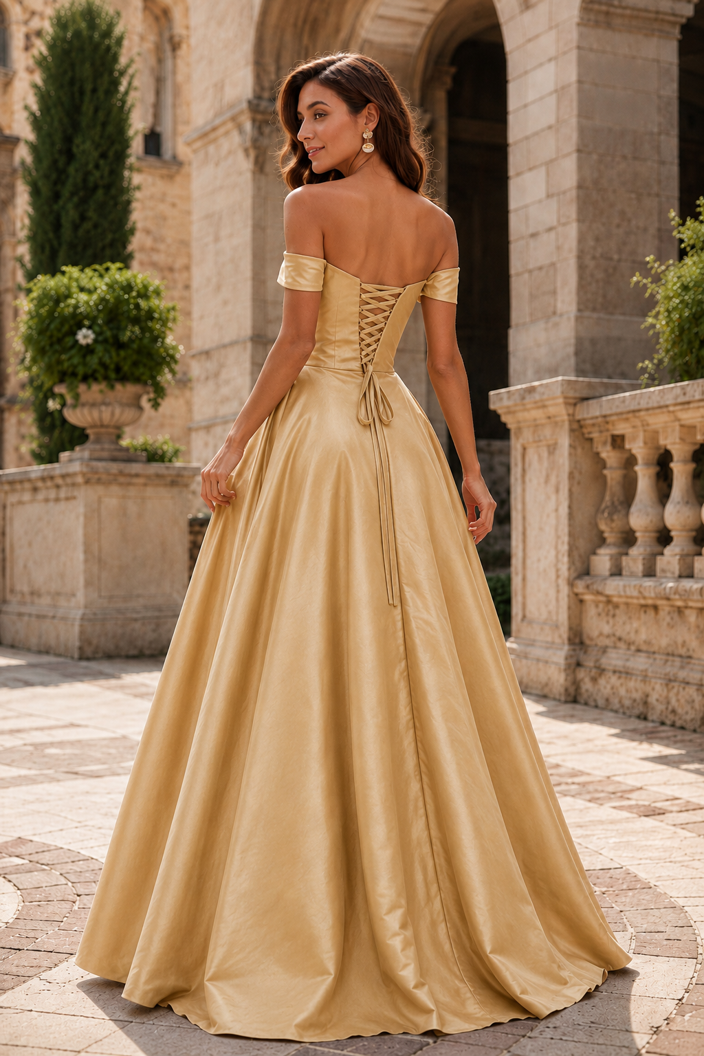 Jorvara Off-the-Shoulder Sweetheart Gown with Slit Prom Dress in Champagne - back view