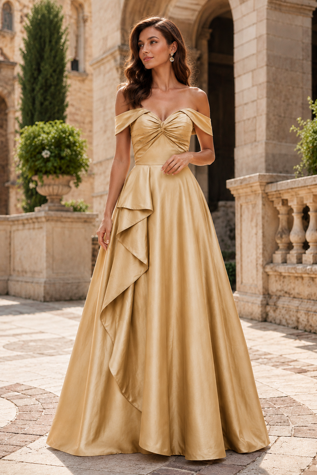 Jorvara Off-the-Shoulder Sweetheart Gown with Slit Prom Dress in Champagne - front view