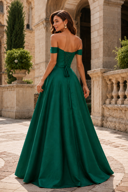 Jorvara Off-the-Shoulder Sweetheart Gown with Slit Prom Dress in Emerald Green - back view